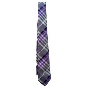 Geoffrey Beene Men's Gray/Black/Purple/White Plaid Handmade 100% Silk Necktie